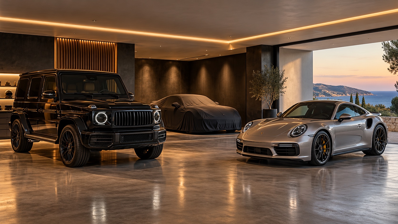 Illustration d’un garage haut de gamme accueillant des véhicules de prestige