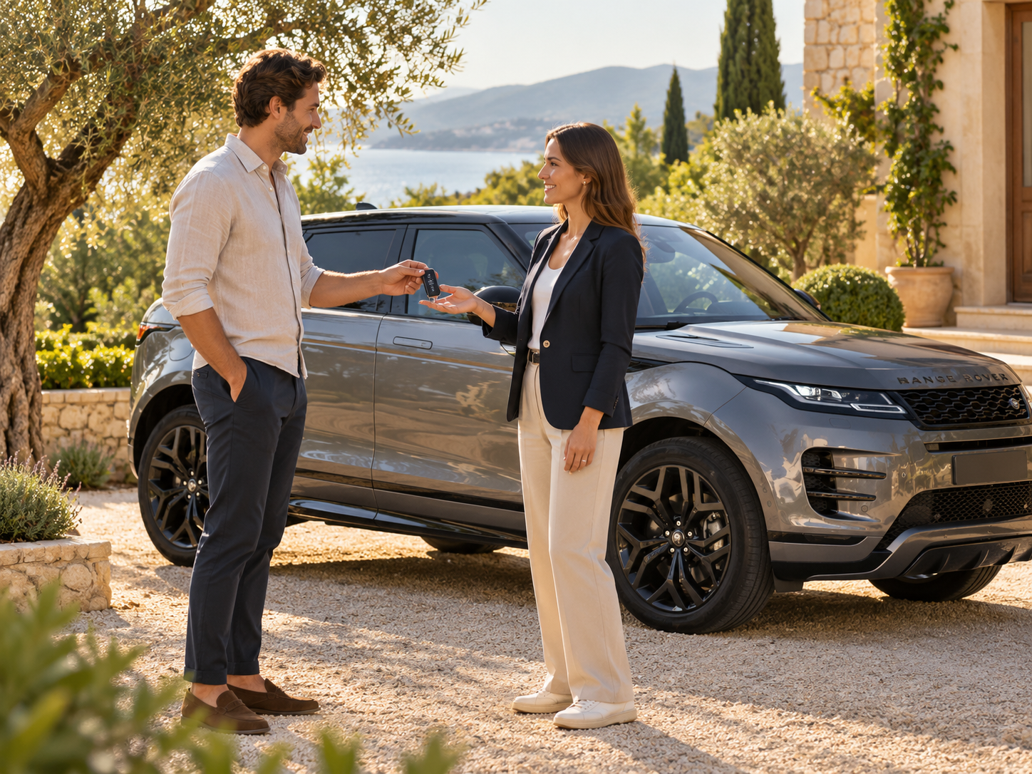 Remise des clés devant un Range Rover Evoque dans le Var, mise en scène
